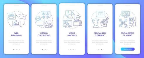 Elearning types blue gradient onboarding mobile app screen. Walkthrough 5 steps graphic instructions pages with linear concepts. UI, UX, GUI template. Myriad Pro-Bold, Regular fonts used vector