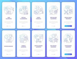 Electronic learning blue gradient onboarding mobile app screen set. Walkthrough 5 steps graphic instructions pages with linear concepts. UI, UX, GUI template. Myriad Pro-Bold, Regular fonts used vector