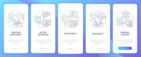 ventajas de la pantalla de la aplicación móvil de incorporación de gradiente azul de aprendizaje electrónico. tutorial 5 pasos páginas de instrucciones gráficas con conceptos lineales. interfaz de usuario, ux, plantilla de interfaz gráfica de usuario. innumerables fuentes pro-negrita y regulares utilizadas vector