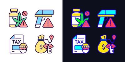 Illegal transportation light and dark theme RGB color icons set. Drugs trading. Tax evasion. Bulk cash. Simple filled line drawings pack on white and black space. Editable stroke. Pixel perfect vector