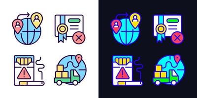 Contraband light and dark theme RGB color icons set. People smuggling. Cigars trading. Import restrictions. Simple filled line drawings pack on white and black space. Editable stroke. Pixel perfect vector