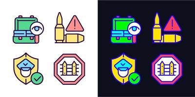 Checkpoint examination light and dark theme RGB color icons set. Border security. Weapon moving prevention. Simple filled line drawings pack on white and black space. Editable stroke. Pixel perfect vector