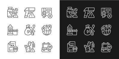 Illicit import and its prevention linear icons set for dark and light mode. Weapon trade. Customizable thin line symbols. Isolated vector outline illustrations. Editable stroke. Pixel perfect