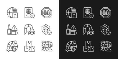 International trading linear icons set for dark and light mode. Customs officer. Smuggling tunnel. Customizable thin line symbols. Isolated vector outline illustrations. Editable stroke. Pixel perfect