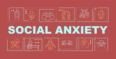 Social anxiety word concepts red banner. Mental illness. Infographics with linear icons on background. Isolated typography. Vector outline color illustration with text. Arial-Black font used