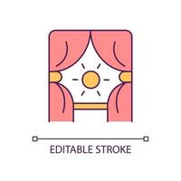 Open curtains and shining sun RGB color icon. Positive day start. Happy morning time. Wellbeing lifestyle. Isolated vector illustration. Simple filled line drawing. Editable stroke. Arial font used