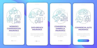 Coverage types blue gradient onboarding mobile app screen. Assurance walkthrough 4 steps graphic instructions pages with linear concepts. UI, UX, GUI template. Myriad Pro-Bold, Regular fonts used vector