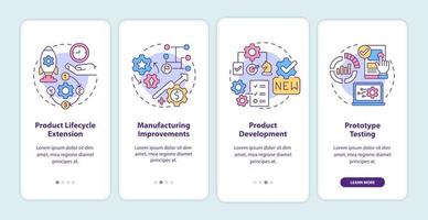 Digital twin tasks onboarding mobile app screen. Product development walkthrough 4 steps graphic instructions pages with linear concepts. UI, UX, GUI template. Myriad Pro-Bold, Regular fonts used vector