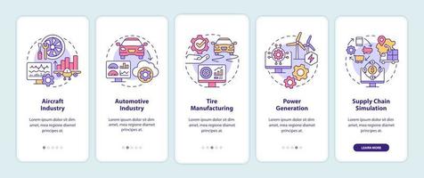 Digital twin usage onboarding mobile app screen. Automotive industry walkthrough 5 steps graphic instructions pages with linear concepts. UI, UX, GUI template. Myriad Pro-Bold, Regular fonts used vector