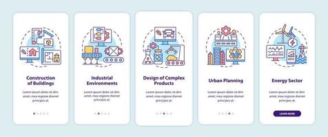 Digital twin use cases onboarding mobile app screen. Construction walkthrough 5 steps graphic instructions pages with linear concepts. UI, UX, GUI template. Myriad Pro-Bold, Regular fonts used vector