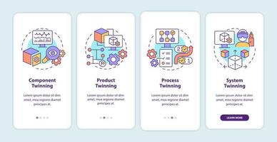 Twinning levels onboarding mobile app screen. Component and product walkthrough 4 steps graphic instructions pages with linear concepts. UI, UX, GUI template. Myriad Pro-Bold, Regular fonts used vector