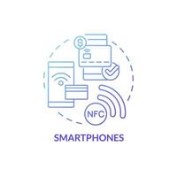 Smartphones blue gradient concept icon. NFC payment solution. Touchless system abstract idea thin line illustration. Isolated outline drawing. Roboto-Medium, Myriad Pro-Bold fonts used vector