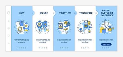 Benefits of contactless payments blue and white onboarding template. Responsive mobile website with linear concept icons. Web page walkthrough 5 step screens. Lato-Bold, Regular fonts used vector