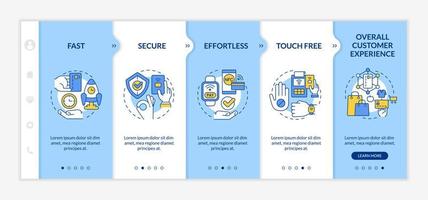 Benefits of contactless payments blue and white onboarding template. Responsive mobile website with linear concept icons. Web page walkthrough 5 step screens. Lato-Bold, Regular fonts used vector