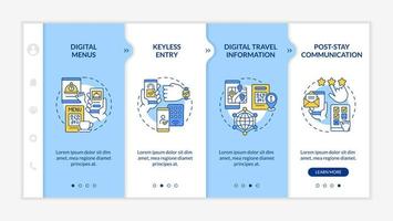 Contactless technology for hotels blue and white onboarding template. Responsive mobile website with linear concept icons. Web page walkthrough 4 step screens. Lato-Bold, Regular fonts used vector