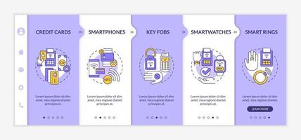 Payment methods purple and white onboarding template. Contactless buying. Responsive mobile website with linear concept icons. Web page walkthrough 5 step screens. Lato-Bold, Regular fonts used vector