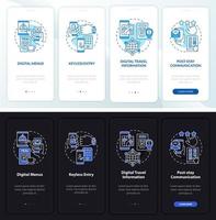 Contactless system night and day mode onboarding mobile app screen. Walkthrough 4 steps graphic instructions pages with linear concepts. UI, UX, GUI template. Myriad Pro-Bold, Regular fonts used vector