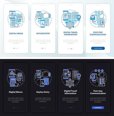 Contactless system night and day mode onboarding mobile app screen. Walkthrough 4 steps graphic instructions pages with linear concepts. UI, UX, GUI template. Myriad Pro-Bold, Regular fonts used