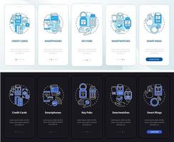 Payment methods night and day mode onboarding mobile app screen. Cashless walkthrough 5 steps graphic instructions pages with linear concepts. UI, UX, GUI template. Myriad Pro-Bold, Regular fonts used vector