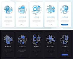 métodos de pago modo día y noche incorporando la pantalla de la aplicación móvil. tutorial sin efectivo 5 pasos páginas de instrucciones gráficas con conceptos lineales. interfaz de usuario, ux, plantilla de interfaz gráfica de usuario. innumerables fuentes pro-negrita y regulares utilizadas vector