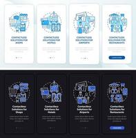 Cashless solution night and day mode onboarding mobile app screen. Service walkthrough 4 step graphic instructions pages with linear concept. UI, UX, GUI template. Myriad Pro-Bold, Regular fonts used vector