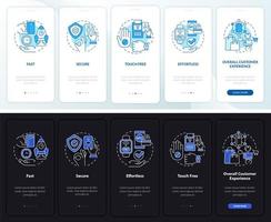 Contactless pay night and day mode onboarding mobile app screen. Service walkthrough 5 steps graphic instructions pages with linear concepts. UI, UX, GUI template. Myriad Pro-Bold, Regular fonts used vector