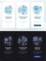 Contactless service night and day mode onboarding mobile app screen. Walkthrough 3 steps graphic instructions pages with linear concepts. UI, UX, GUI template. Myriad Pro-Bold, Regular fonts used vector