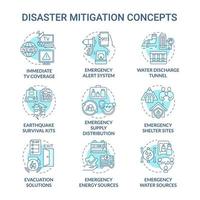 Disaster mitigation turquoise concept icons set. Emergency solutions services idea thin line color illustrations. Isolated outline drawings. Editable stroke. Roboto-Medium, Myriad Pro-Bold fonts used vector