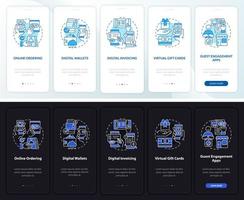 Contactless solution night and day mode onboarding mobile app screen. Walkthrough 5 steps graphic instructions pages with linear concepts. UI, UX, GUI template. Myriad Pro-Bold, Regular fonts used vector