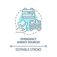 Emergency energy sources turquoise concept icon. Power cells abstract idea thin line illustration. Isolated outline drawing. Editable stroke. Roboto-Medium, Myriad Pro-Bold fonts used vector