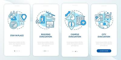Evacuation types blue onboarding mobile app screen. Emergency solution walkthrough 4 steps graphic instructions pages with linear concepts. UI, UX, GUI template. Myriad Pro-Bold, Regular fonts used vector