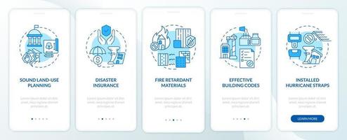 Disaster mitigation involves blue onboarding mobile app screen. Flood walkthrough 5 steps graphic instructions pages with linear concepts. UI, UX, GUI template. Myriad Pro-Bold, Regular fonts used vector