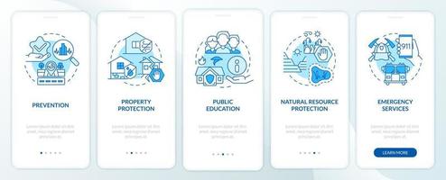 Hazard mitigation technique blue onboarding mobile app screen. Public aid walkthrough 5 steps graphic instructions pages with linear concepts. UI, UX, GUI template. Myriad Pro-Bold, Regular fonts used vector