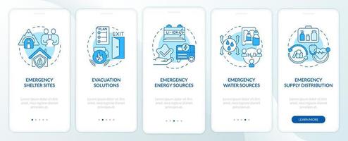 Emergency plan includes blue onboarding mobile app screen. Supply walkthrough 5 steps graphic instructions pages with linear concepts. UI, UX, GUI template. Myriad Pro-Bold, Regular fonts used vector