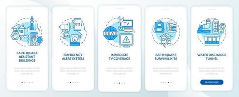 Earthquake mitigation blue onboarding mobile app screen. Japan walkthrough 5 steps graphic instructions pages with linear concepts. UI, UX, GUI template. Myriad Pro-Bold, Regular fonts used vector