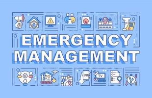 Emergency management word concepts blue banner. Public service. Infographics with linear icons on background. Isolated typography. Vector outline color illustration with text. Arial-Black font used