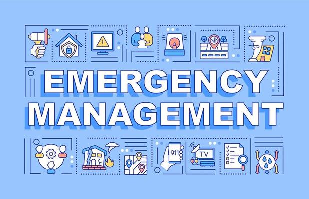 Emergency management word concepts blue banner. Public service. Infographics with linear icons on background. Isolated typography. Vector outline color illustration with text. Arial-Black font used
