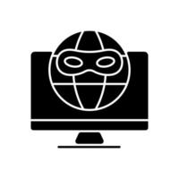Dark web black glyph icon. Hidden internet. Specific web browser for access. Illegal anonymous market. Overlay network. Silhouette symbol on white space. Vector isolated illustration