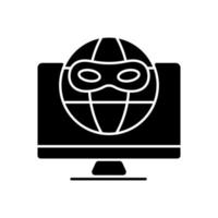 Dark web black glyph icon. Hidden internet. Specific web browser for access. Illegal anonymous market. Overlay network. Silhouette symbol on white space. Vector isolated illustration