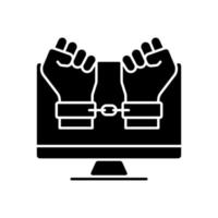 Hacker catching black glyph icon. Detect, pursue and catch cybercriminal. Arrested for internet fraud and scam. Computer crash crime. Silhouette symbol on white space. Vector isolated illustration
