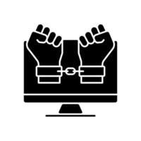 Hacker catching black glyph icon. Detect, pursue and catch cybercriminal. Arrested for internet fraud and scam. Computer crash crime. Silhouette symbol on white space. Vector isolated illustration