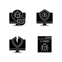 Computer vulnerability exploitation black glyph icons set on white space. Hacker attacks. Device and network disruption. Cyber insurance. Silhouette symbols. Vector isolated illustration