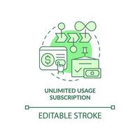 Unlimited usage subscription green concept icon. Types of subscription abstract idea thin line illustration. Isolated outline drawing. Editable stroke. Roboto-Medium, Myriad Pro-Bold fonts used vector