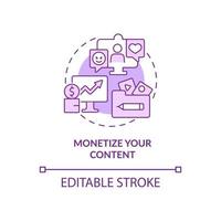 Monetize your content purple concept icon. Earn money from subscription abstract idea thin line illustration. Isolated outline drawing. Editable stroke. Roboto-Medium, Myriad Pro-Bold fonts used vector