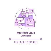 Monetize your content purple concept icon. Earn money from subscription abstract idea thin line illustration. Isolated outline drawing. Editable stroke. Roboto-Medium, Myriad Pro-Bold fonts used vector