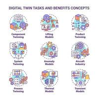 Digital twin tasks and benefits concept icons set. Creating simulations idea thin line color illustrations. Isolated outline drawings. Editable stroke. Roboto-Medium, Myriad Pro-Bold fonts used
