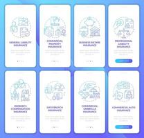 Corporate insurance blue gradient onboarding mobile app screen. Business walkthrough 4 steps graphic instructions pages with linear concepts. UI, UX, GUI template. Myriad Pro-Bold, Regular fonts used vector