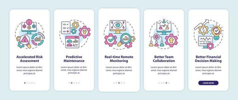 Beneficios del gemelo digital al incorporar la pantalla de la aplicación móvil. tutorial de evaluación de riesgos páginas de instrucciones gráficas de 5 pasos con conceptos lineales. interfaz de usuario, ux, plantilla de interfaz gráfica de usuario. innumerables fuentes pro-negrita y regulares utilizadas vector