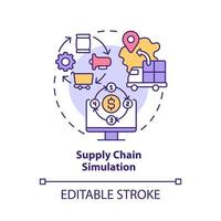 Supply chain simulation concept icon. Logistics network abstract idea thin line illustration. Digital twin usage. Isolated outline drawing. Editable stroke. Roboto-Medium, Myriad Pro-Bold fonts used vector