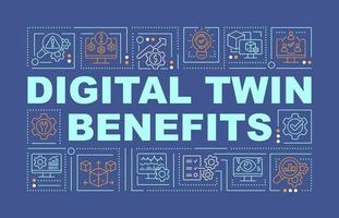 Digital twin advantages word concepts blue banner. Smart industry. Infographics with linear icons on background. Isolated typography. Vector outline color illustration with text. Arial-Black font used